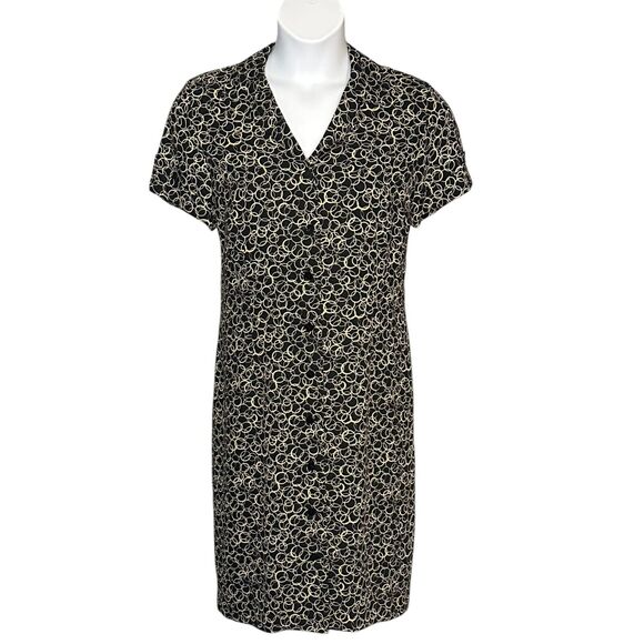 Vintage David Warren Midi Dress Button Up Short Sleeve Black Gold Career Sz 14P - Picture 1 of 12